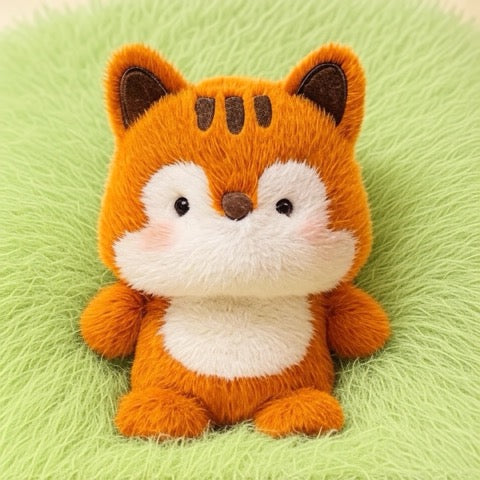 Plush toy fox with orange fur and white chest on a green background