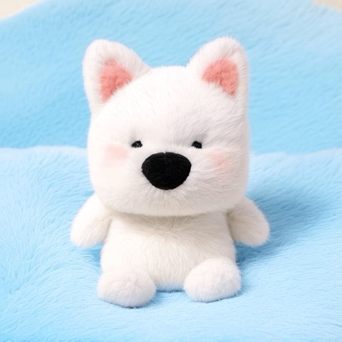 White plush toy with pink inner ears on a blue blanket