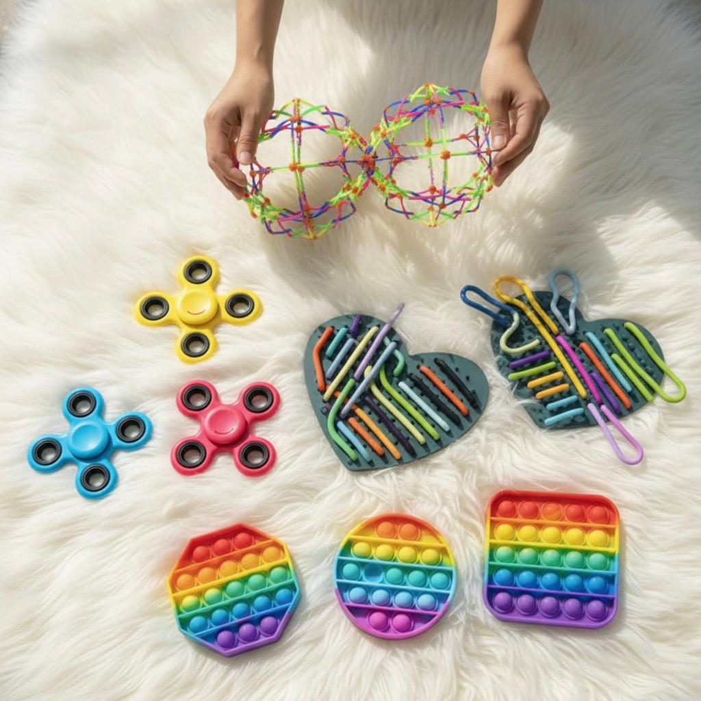 Colorful fidget toys including spinners and pop-it toys on a white fur surface.