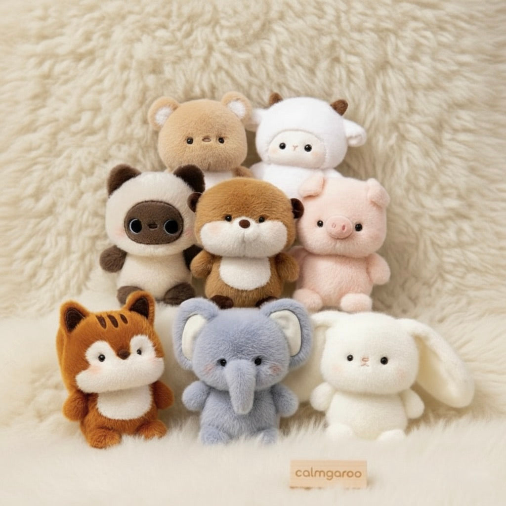 Collection of small plush animals on a soft beige background