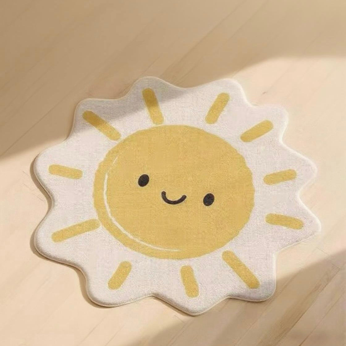 Sun-shaped rug with a smiling face on a wooden floor