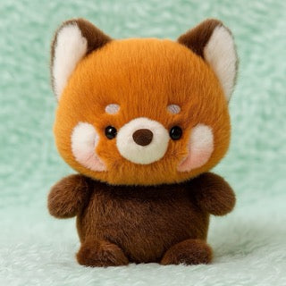 Plush toy red panda on a light green background