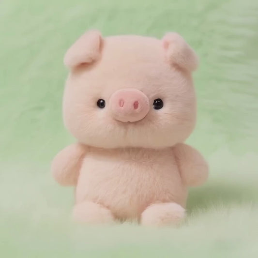 A short, static video of a fluffy, light-pink plush piglet. It has floppy ears, a prominent snout, and a calm, peaceful expression. The piglet is sitting on a soft, mint-green fluffy surface.