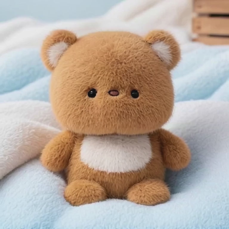 A short video of a fluffy, light brown teddy bear with a white chest patch, sitting on a blue and white blanket. The bear, called Brave Bear, raises its arms up and outwards in a big, welcoming gesture.