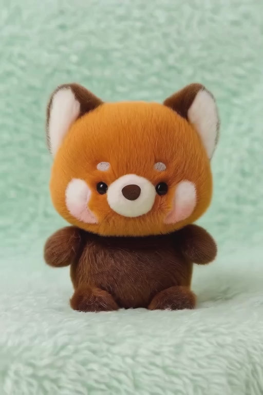A short, static video clip showing a cute, fluffy red panda plush toy. It has a rusty-orange head with white markings, a dark brown body, and pink blushed cheeks, and it is sitting on a soft, mint-green surface.