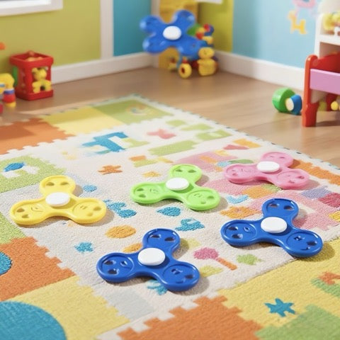 Colorful fidget spinners on a patterned mat in a child's playroom with toys in the background.