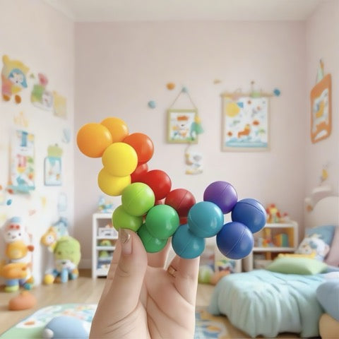 Colorful ball toy held in front of a child's room with toys and furniture.