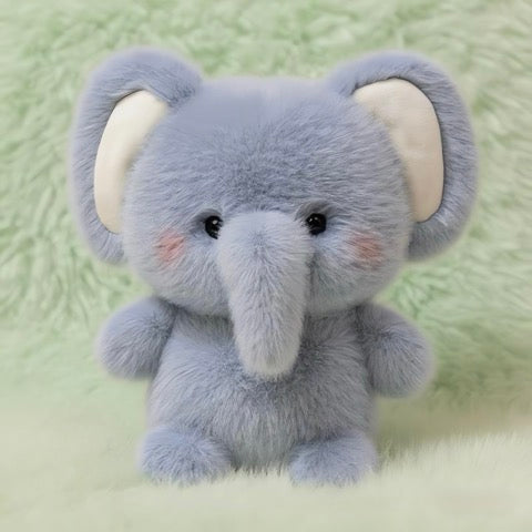 Plush elephant toy on a green blanket