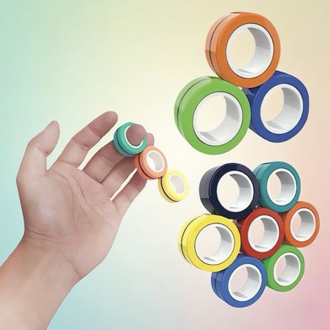 Colorful circular objects stacked in a pyramid shape with a hand holding one of them against a gradient background.