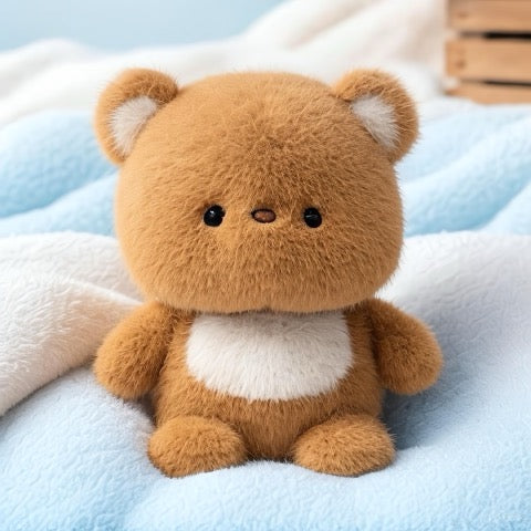 Plush teddy bear toy on a soft blue blanket