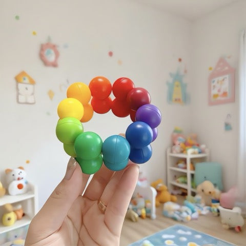 Colorful beaded bracelet held in front of a child's room with toys and decorations.