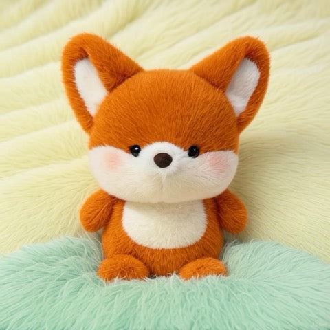 Plush fox toy on a soft, textured surface