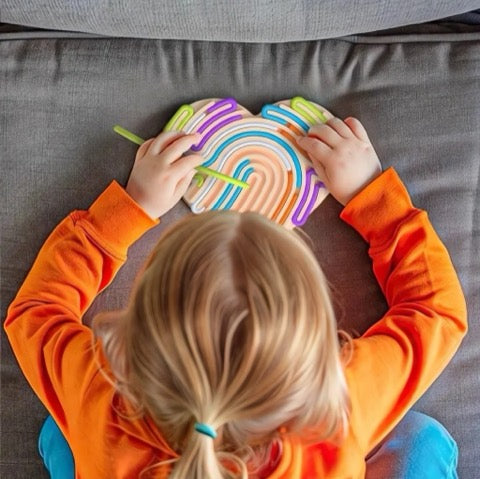 Child coloring a rainbow-patterned book on a couch