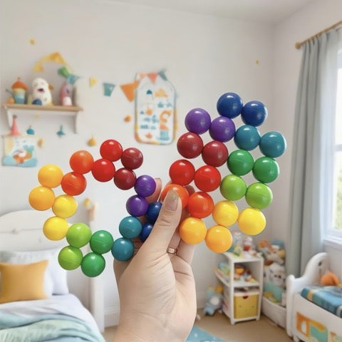 Colorful bead toy held in a hand with a child's room in the background