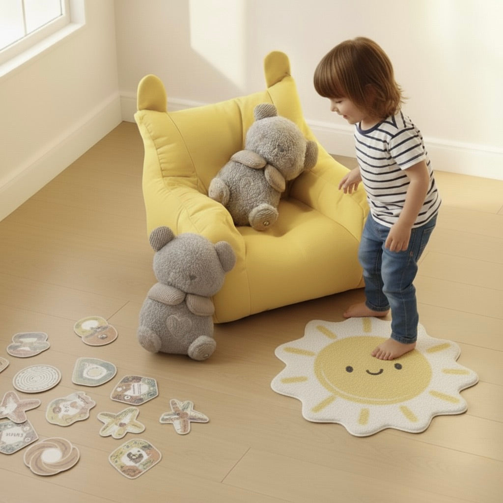 Child playing with stuffed animals on a yellow chair in a room with a sun-shaped rug.