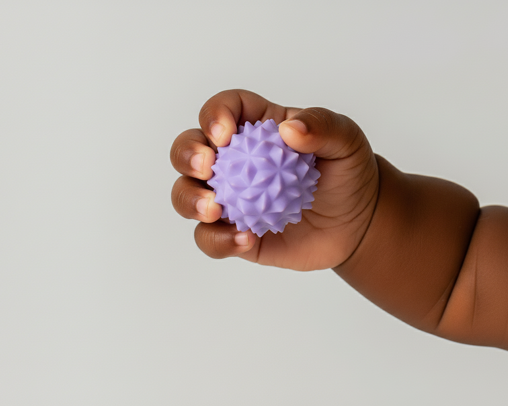 Hand holding a purple textured ball against a plain background