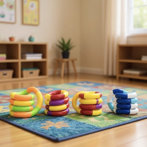 Colorful stacking rings on a rug in a room with wooden furniture and a window.