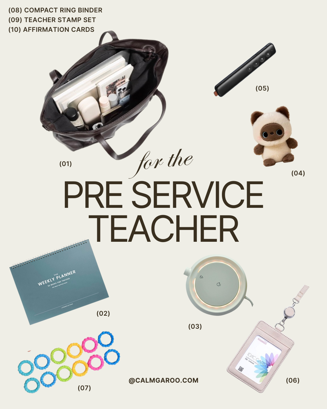 Collection of items for pre-service teachers including a compact ring binder, teacher stamp set, affirmation cards, and more.
