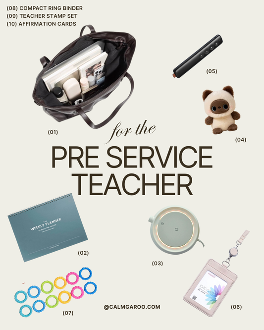 Collection of items for pre-service teachers including a compact ring binder, teacher stamp set, affirmation cards, and more.