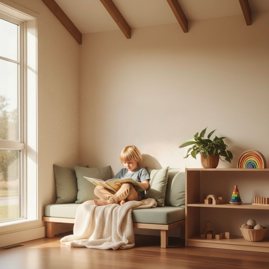 Child reading a book on a couch in a cozy living room with toys and plants.