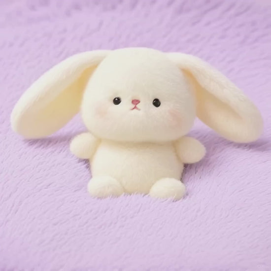 A short, static video showing a fluffy, cream-coloured plush rabbit with long, floppy ears and rosy cheeks, giving it a relaxed expression. It is sitting on a soft, lavender-purple fluffy blanket.