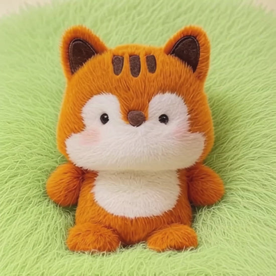 Orange fox plushie: A fluffy orange fox plush toy with large pointed ears, a white muzzle and chest, and pink cheeks. It is sitting on a multicoloured fluffy surface of yellow and mint green.