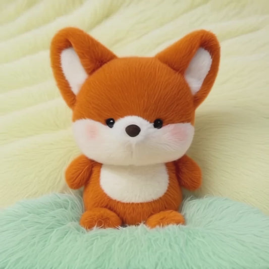  A short, static video of a cute, fox-like plush toy labelled as a smart squirrel. It is bright orange with large, pointed ears, a white muzzle and chest, and rosy cheeks. The plushie is sitting on a soft, multicoloured surface of mint-green and yellow.
