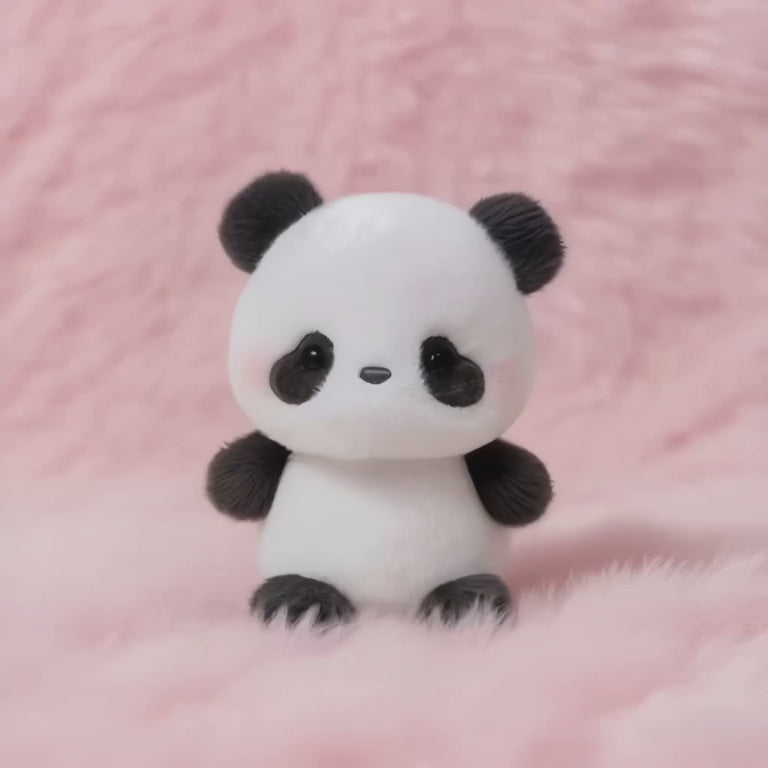 A short, static video of a small, fluffy panda bear plush toy. It has classic black and white markings and rosy cheeks, and it sits with a patient expression on a soft, light-pink fluffy surface.