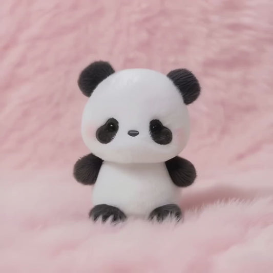 A short, static video of a small, fluffy panda bear plush toy. It has classic black and white markings and rosy cheeks, and it sits with a patient expression on a soft, light-pink fluffy surface.