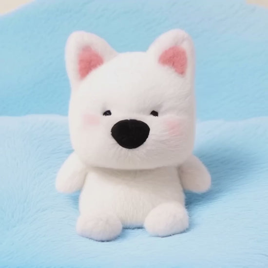 A short, static video of a small, white plush dog with pointed ears lined with pink. It has a large black nose and rosy cheeks, giving it a friendly and dependable look. The plushie is sitting on a soft, light-blue fluffy blanket.