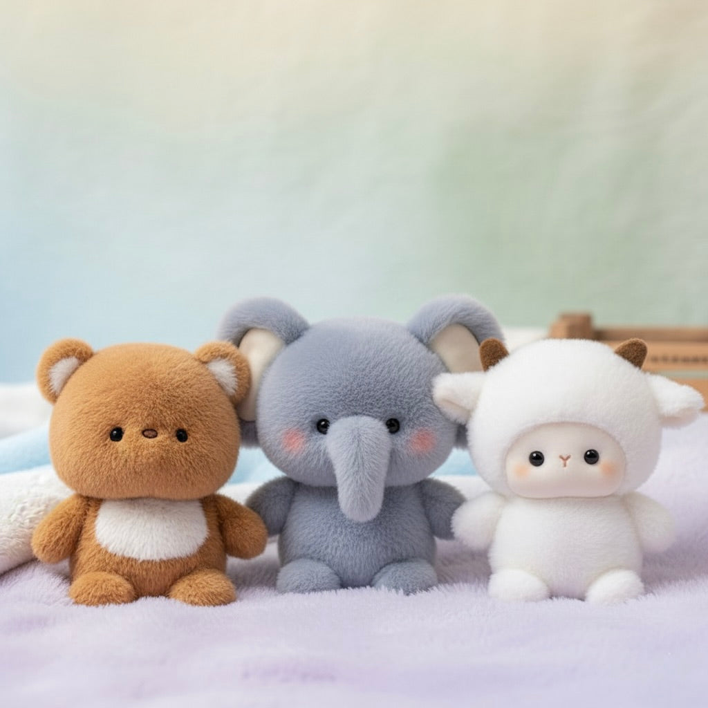 Three plush toys resembling a bear, elephant, and lamb on a soft surface with a blurred background.